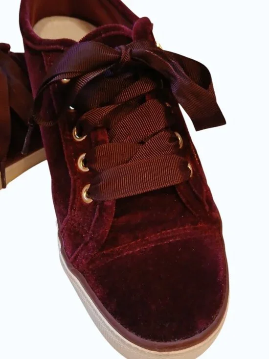 NOT RATED Red/Burgundy Velvet Gold Zipper Satin Lace Sneakers - Picture 3 of 16